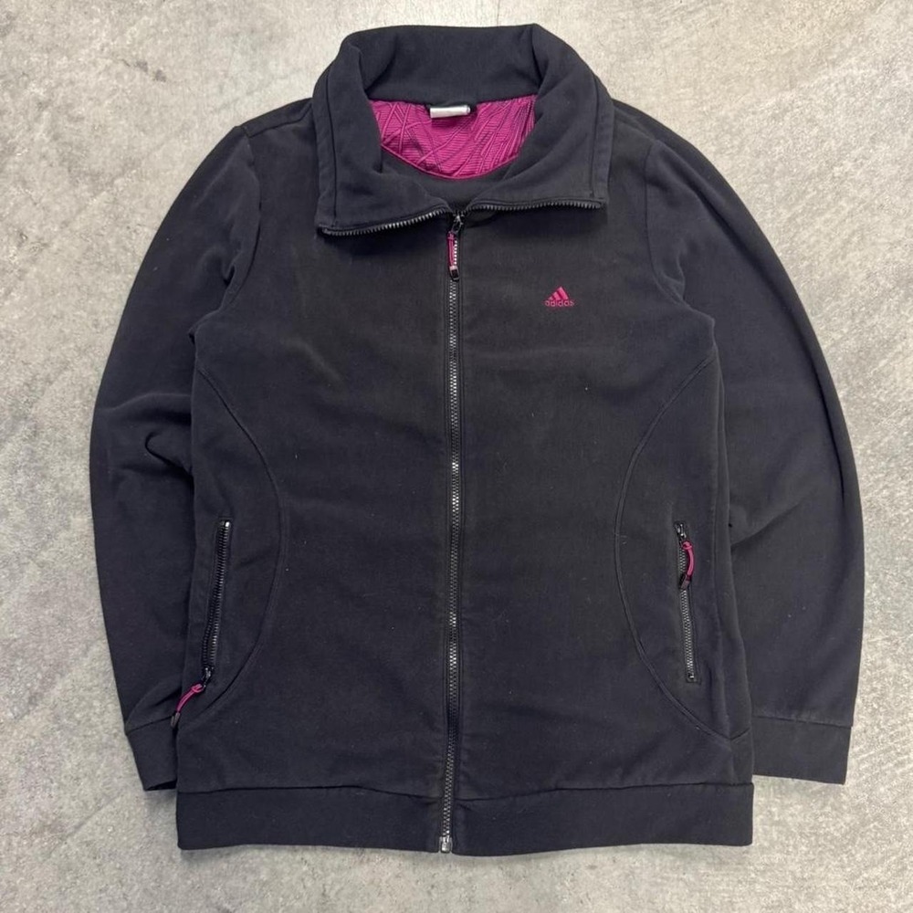 Adidas Womens Large Black Full Zip Fleece Jacket Pink Logo Zip Outdoor 2011